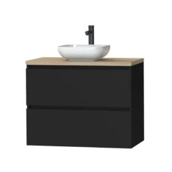 Tiger Karlo Badkamermeubel 80 Cm Mat Zwart Met Eiken Wasblad En Keramische Waskom