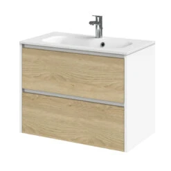 Tiger Reverse Meubelset 80 Cm Met 2 Lades Naturel Eik / Mat Wit Inclusief Oval Wastafel Mat Wit