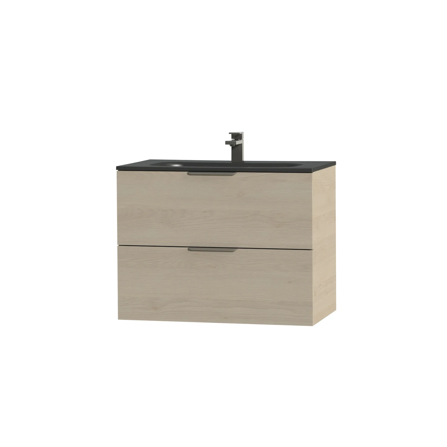 Tiger Studio Badkamermeubel 80 Cm Naturel Eiken Met Wastafel Polybeton Mat Zwart Greep Rvs Plat - Afbeelding 3