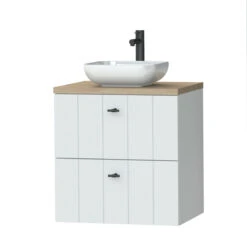 Tiger Maryport Badkamermeubelset 60 Cm Mat Wit Met Licht Eiken Wasblad, Witte Keramische Opzetkom En Matzwarte Grepen