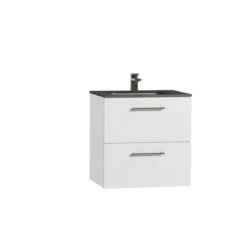 Tiger Studio Badkamermeubel 60 Cm Hoogglans Wit Met Wastafel Polybeton Mat Mat Zwart Greep Rvs Afgerond