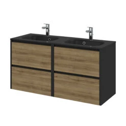 Tiger Reverse Meubelset 2x60 Cm Met 4 Lades Chalet Eik / Mat Zwart Inclusief 2 Oval Wastafels Mat Zwart