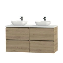 Tiger Karlo Badkamermeubelset 120 Cm Chalet Eik Met Wit Houten Wasblad En Glanzend Witte Keramische Waskom