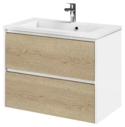 Tiger Reverse Meubelset 80 Cm Met 2 Lades Naturel Eik / Mat Wit Inclusief Quadro Wastafel Hoogglans Wit