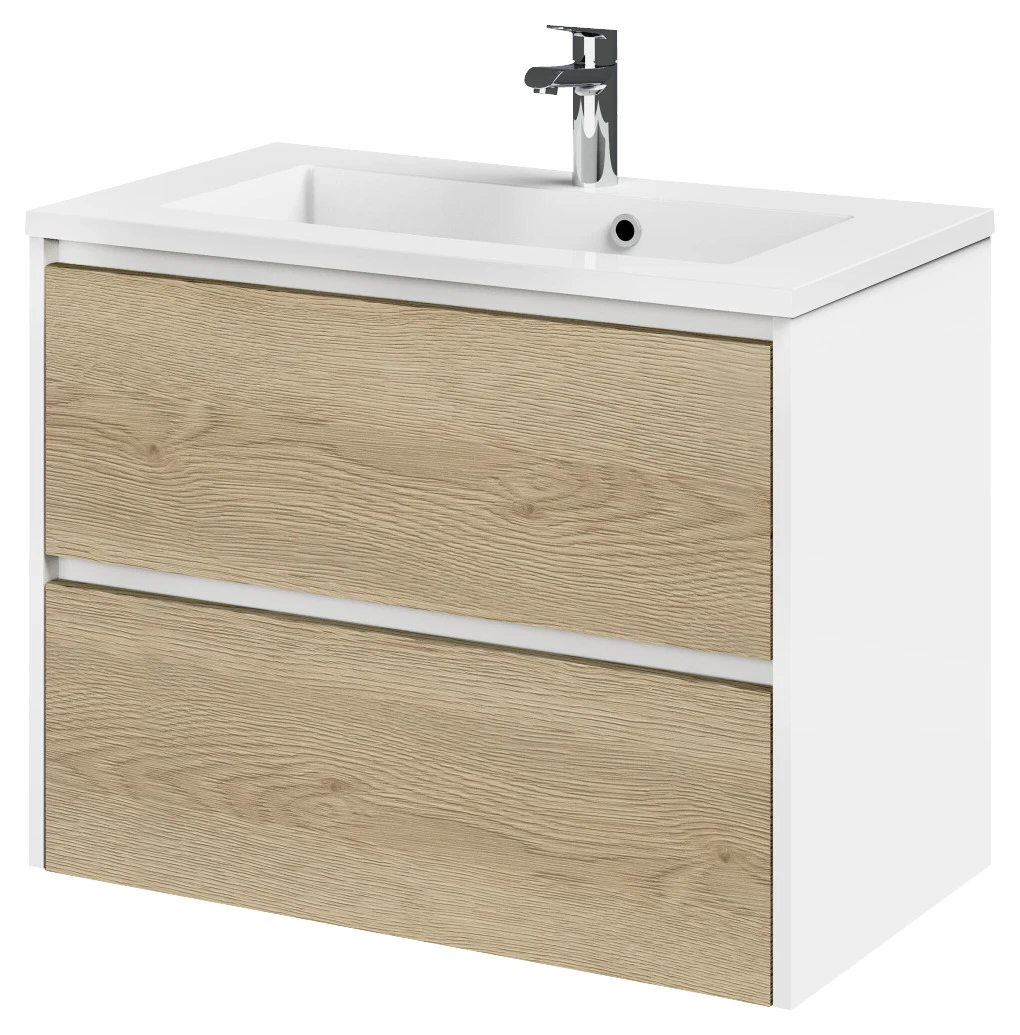 Tiger Reverse Meubelset 80 Cm Met 2 Lades Naturel Eik / Mat Wit Inclusief Quadro Wastafel Hoogglans Wit