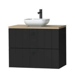 Tiger Maryport Badkamermeubelset 80 Cm Mat Zwart Met Licht Eiken Houten Wasblad, Keramische Opzetkom En Matzwarte Grepen