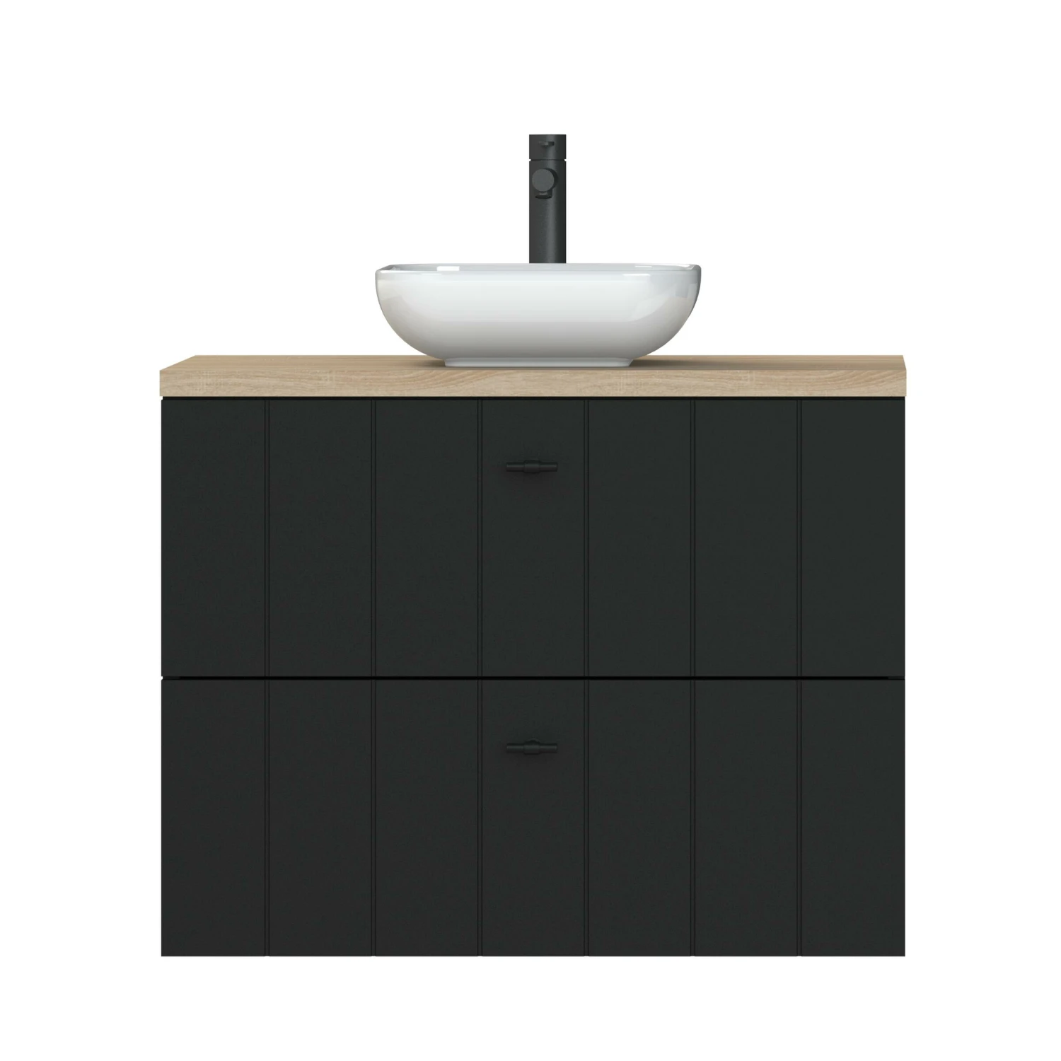 Tiger Maryport Badkamermeubelset 80 Cm Mat Zwart Met Licht Eiken Houten Wasblad, Keramische Opzetkom En Matzwarte Grepen - Afbeelding 7